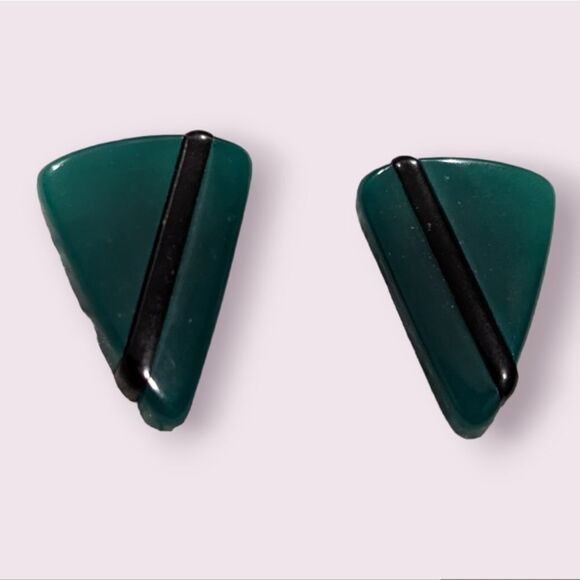 Vintage 80s Green/Black triangle stripe stud earrings 90s - Picture 2 of 3